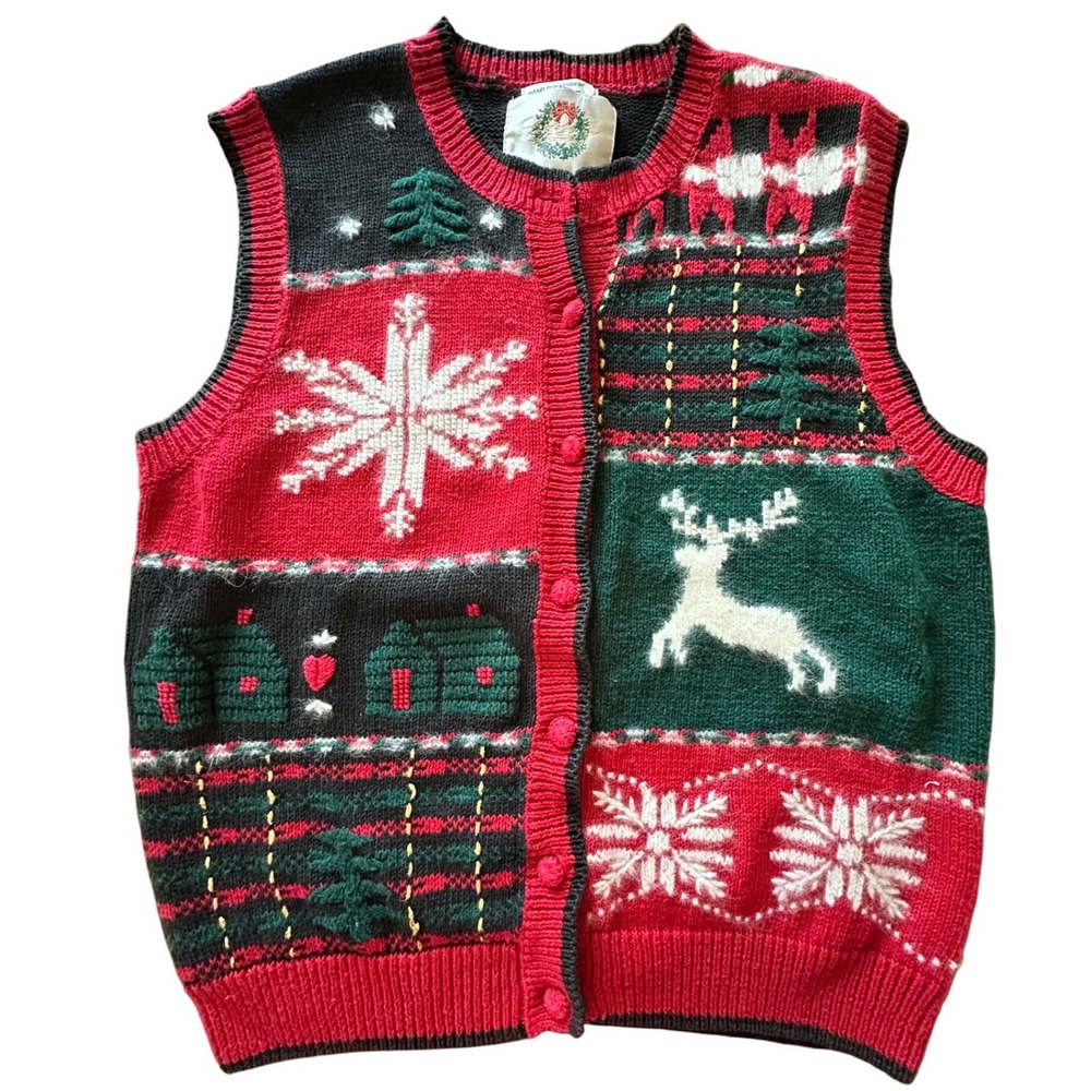 Christopher & Banks Christmas Sweater Vest Women S Red Green Reindeer Vintage